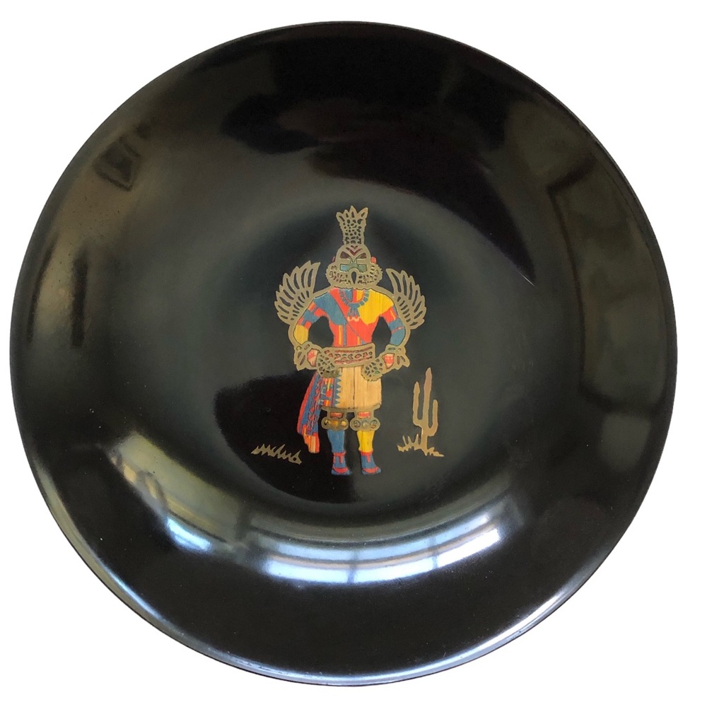 Vintage Couroc Hummingbird Kachina Inlay Shallow Bowl